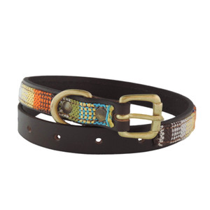 Pomki Collar de Cuero Liso Color Caf� con Aplicaci�n Textil Multicolor para Perro, Grande